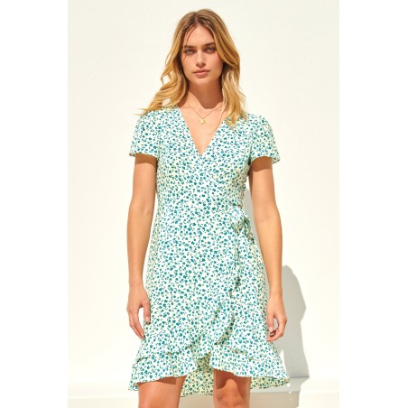 Limited Edition Chelsea Wrap Dress | Daisy Flower Cream/Verdigris Green Available for Immediate Shipping