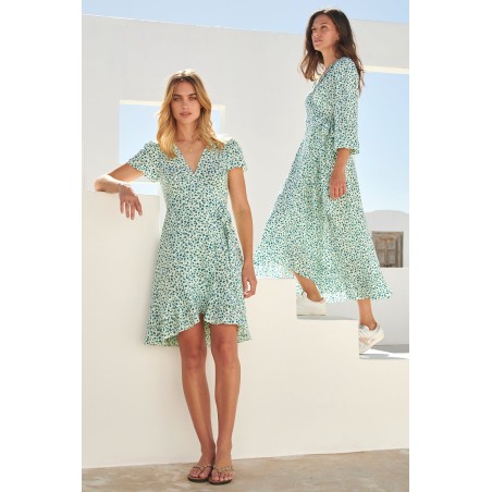 Limited Edition Chelsea Wrap Dress | Daisy Flower Cream/Verdigris Green Available for Immediate Shipping