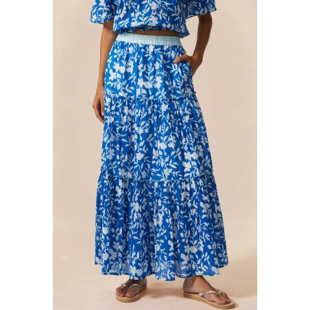 Limited Edition Becks Block Print Skirt | Japanese Flower Cobalt In Stock