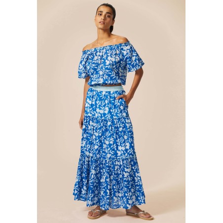 Limited Edition Becks Block Print Skirt | Japanese Flower Cobalt In Stock