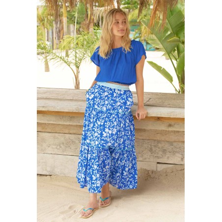 Limited Edition Becks Block Print Skirt | Japanese Flower Cobalt In Stock