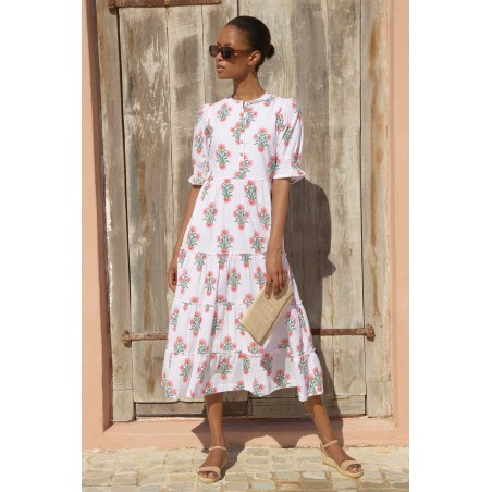 Limited Edition Cordelia Block Print Dress | White/Pink Immediate Availability