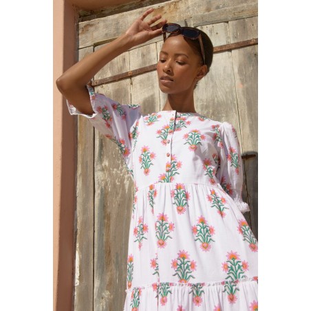 Limited Edition Cordelia Block Print Dress | White/Pink Immediate Availability