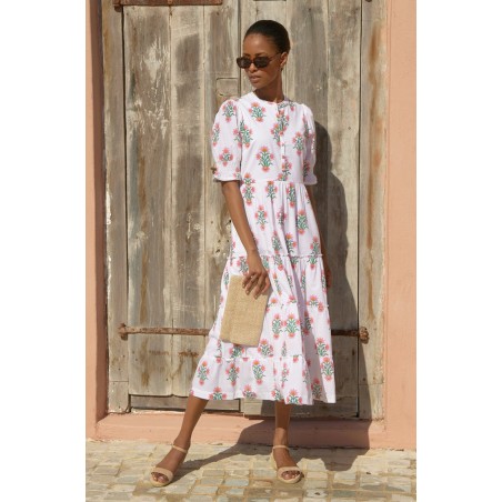 Limited Edition Cordelia Block Print Dress | White/Pink Immediate Availability