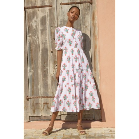 Limited Edition Cordelia Block Print Dress | White/Pink Immediate Availability