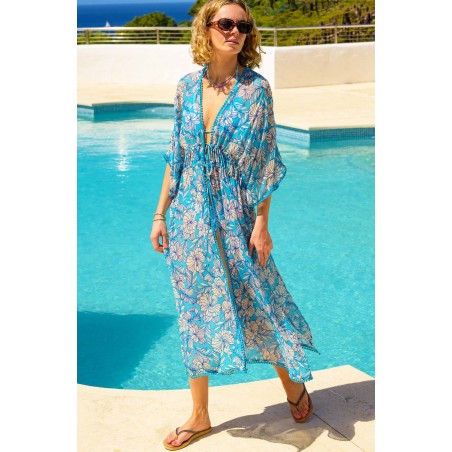 Limited Edition Delilah Kaftan | Lined Floral Turquoise/Cream Just In