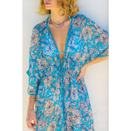 Limited Edition Delilah Kaftan | Lined Floral Turquoise/Cream Just In