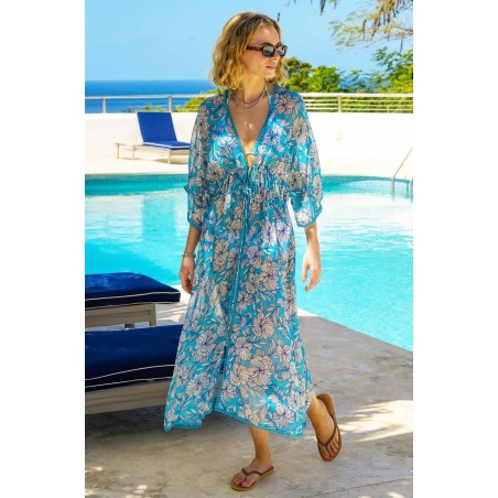 Limited Edition Delilah Kaftan | Lined Floral Turquoise/Cream Just In