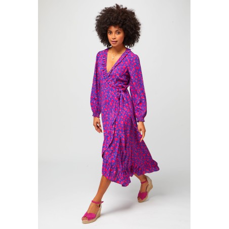 Limited Edition Demi Long Sleeve Wrap Dress | Cheetah Blue/Pink In Stock