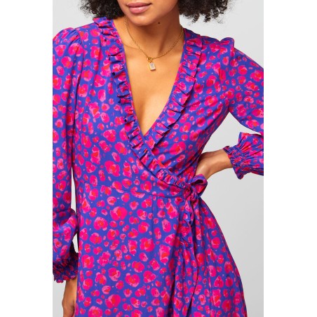 Limited Edition Demi Long Sleeve Wrap Dress | Cheetah Blue/Pink In Stock