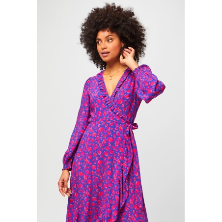 Limited Edition Demi Long Sleeve Wrap Dress | Cheetah Blue/Pink In Stock