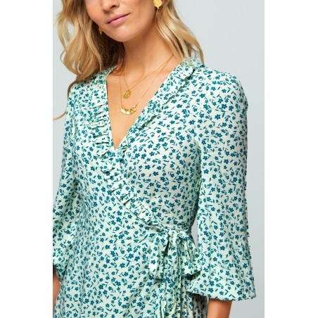 Limited Edition Demi Long Sleeve Wrap Dress | Daisy Flower Cream/Verdigris Available for Immediate Shipping