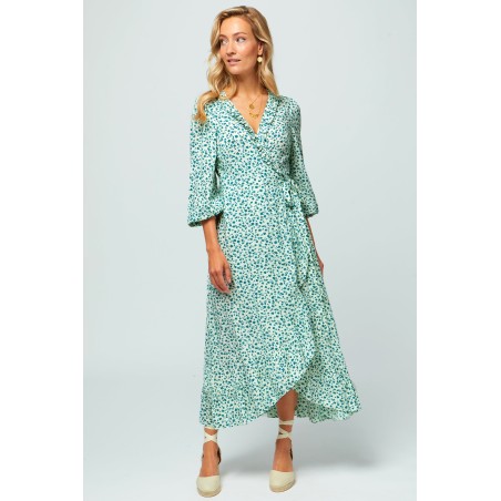 Limited Edition Demi Long Sleeve Wrap Dress | Daisy Flower Cream/Verdigris Available for Immediate Shipping