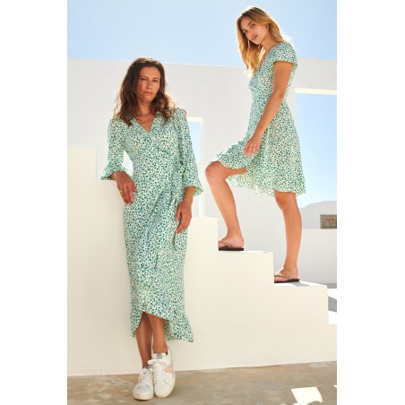 Limited Edition Demi Long Sleeve Wrap Dress | Daisy Flower Cream/Verdigris Available for Immediate Shipping