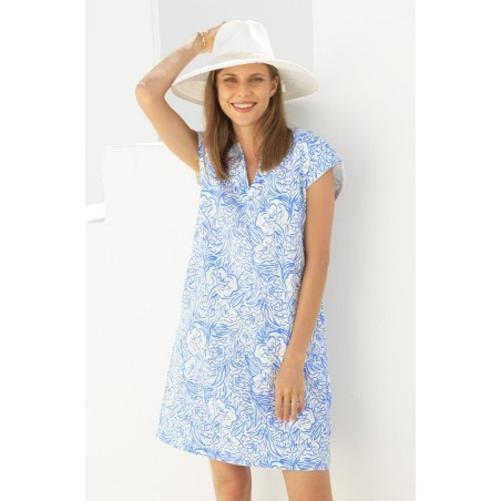 Limited Edition Dori Printed Linen Dress | Painted Flower White/Blue In Stock