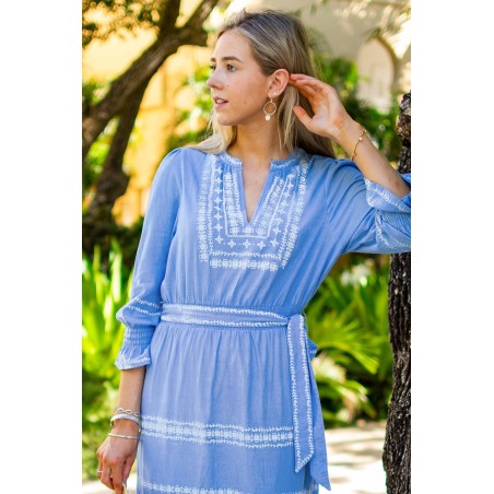 Limited Edition Freida Embroidered Dress | Blue/White Fresh Release