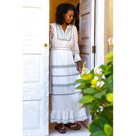 Limited Edition Freida Embroidered Dress | Cream/Sage Limited Stock