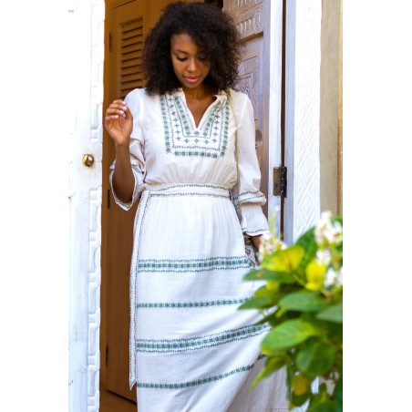 Limited Edition Freida Embroidered Dress | Cream/Sage Limited Stock