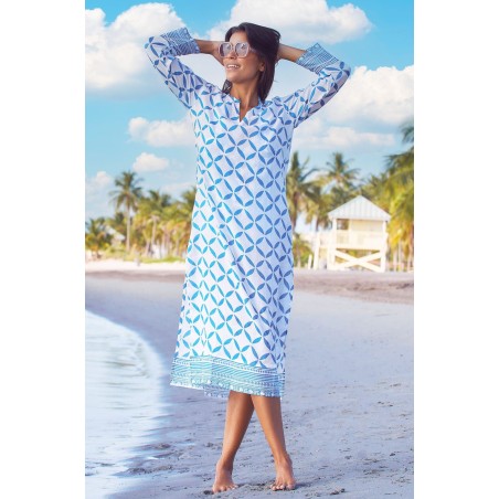 Limited Edition Guadalupe Maxi Tunic | Shibori White/Blue Available for Immediate Shipping