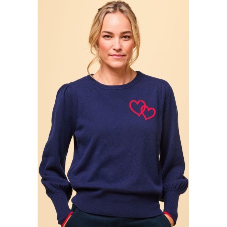 Limited Edition Merino Wool Hearts Crew Neck Jumper | Navy/Red Available for Immediate Shipping