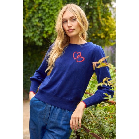 Limited Edition Merino Wool Hearts Crew Neck Jumper | Navy/Red Available for Immediate Shipping