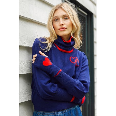 Limited Edition Merino Wool Hearts Crew Neck Jumper | Navy/Red Available for Immediate Shipping