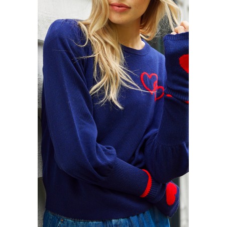 Limited Edition Merino Wool Hearts Crew Neck Jumper | Navy/Red Available for Immediate Shipping