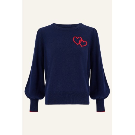 Limited Edition Merino Wool Hearts Crew Neck Jumper | Navy/Red Available for Immediate Shipping