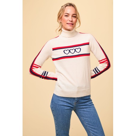 Limited Edition Merino Wool Hearts Polo Neck Jumper | Cream/Red/Navy New Release