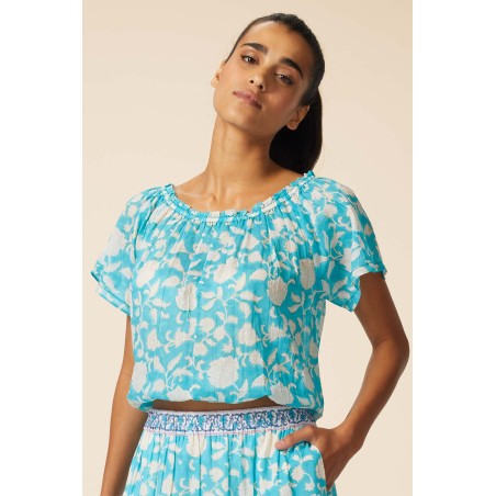 Limited Edition Ilana Block Print Organic Cotton Top | Turquoise New Stock