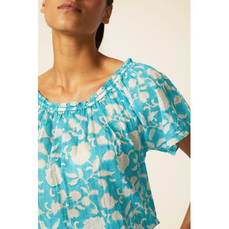 Limited Edition Ilana Block Print Organic Cotton Top | Turquoise New Stock