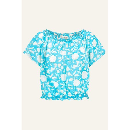 Limited Edition Ilana Block Print Organic Cotton Top | Turquoise New Stock