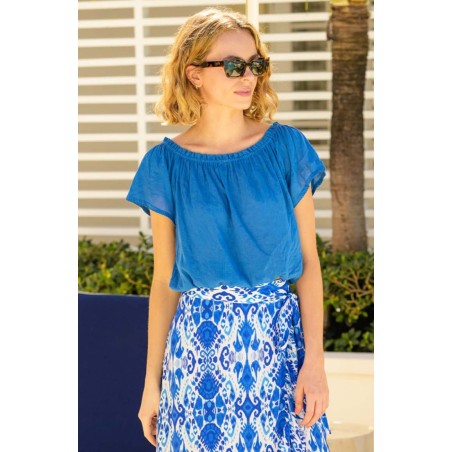 Limited Edition Ilana Frill Organic Cotton Gauze Top | Cobalt In Stock