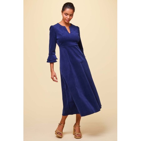 Limited Edition Jocelyn V-Neck 3/4 Sleeve Stretch Corduroy Dress | Atlantic Blue Latest Edition