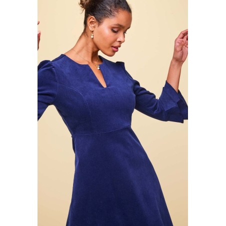 Limited Edition Jocelyn V-Neck 3/4 Sleeve Stretch Corduroy Dress | Atlantic Blue Latest Edition