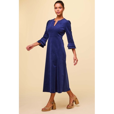 Limited Edition Jocelyn V-Neck 3/4 Sleeve Stretch Corduroy Dress | Atlantic Blue Latest Edition