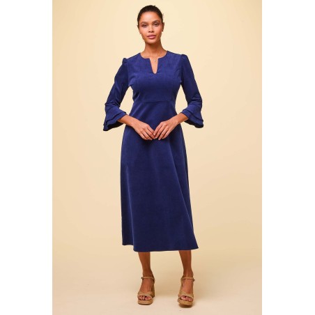 Limited Edition Jocelyn V-Neck 3/4 Sleeve Stretch Corduroy Dress | Atlantic Blue Latest Edition