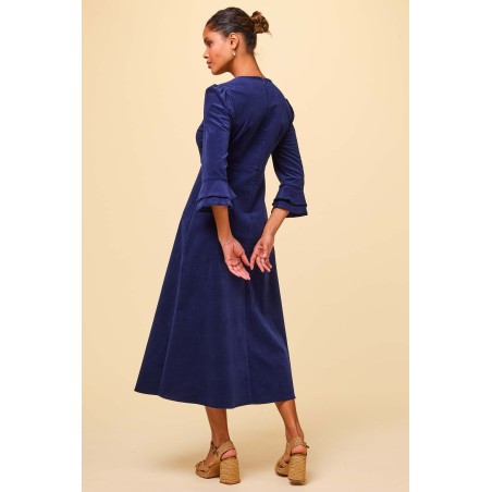 Limited Edition Jocelyn V-Neck 3/4 Sleeve Stretch Corduroy Dress | Atlantic Blue Latest Edition