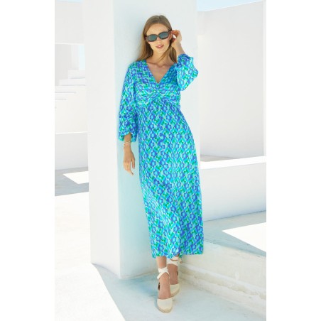 Limited Edition Katriona Satin Dress | Tropical Geo Navy/Turquoise Ready for Shipment