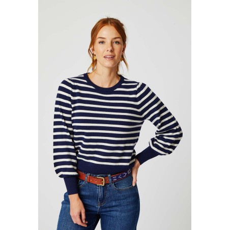 Limited Edition Merino Wool Striped Crew Neck Jumper | Navy/Cream