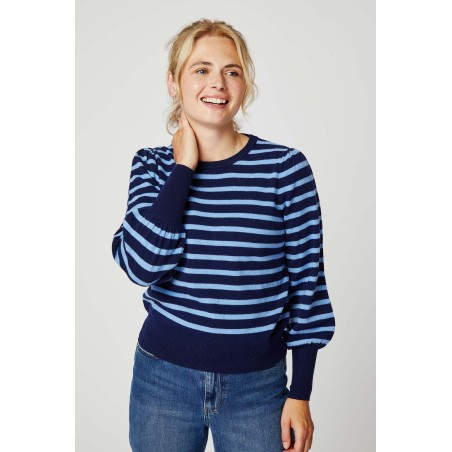 Limited Edition Merino Wool Striped Crew Neck Jumper | Navy/Serene Blue On Hand Now