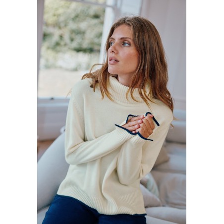 Limited Edition Merino Wool Roll Neck Jumper | Cream/Navy Available for Immediate Shipping