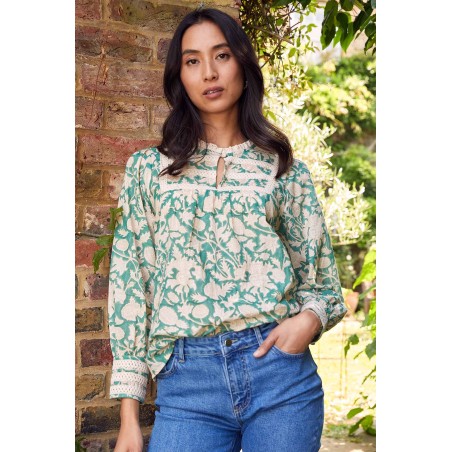 Limited Edition Margot Block Print Blouse | Tea Rose Green/Taupe Limited Stock