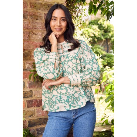 Limited Edition Margot Block Print Blouse | Tea Rose Green/Taupe Limited Stock