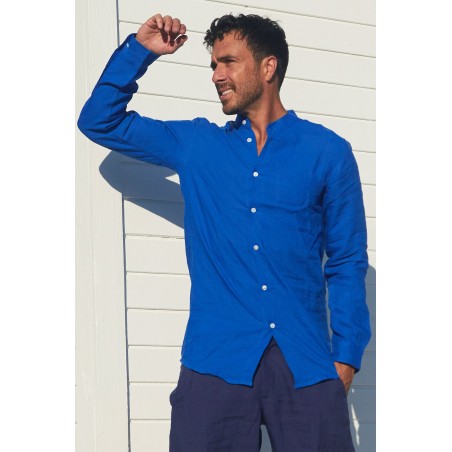 Limited Edition Men's Nehru Collar Linen Shirt | Cobalt Blue Hot New Item