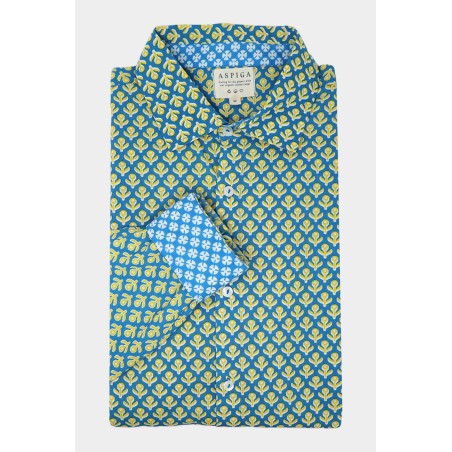 Limited Edition Men's Printed Cotton Shirt | Bud Stamp Blue/Yellow Ready for Shipment