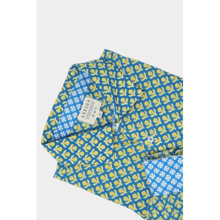 Limited Edition Men's Printed Cotton Shirt | Bud Stamp Blue/Yellow Ready for Shipment