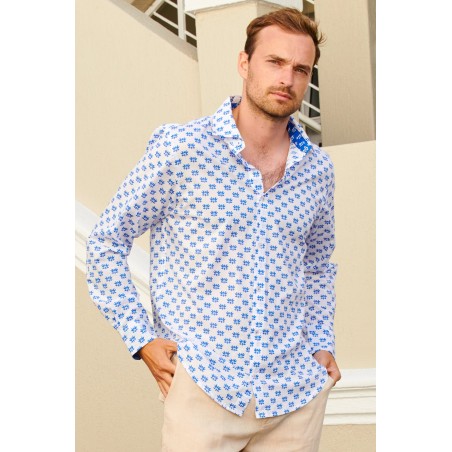 Limited Edition Men's Printed Cotton Shirt | Lotus Bud White/Blue On Hand Now