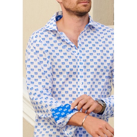 Limited Edition Men's Printed Cotton Shirt | Lotus Bud White/Blue On Hand Now