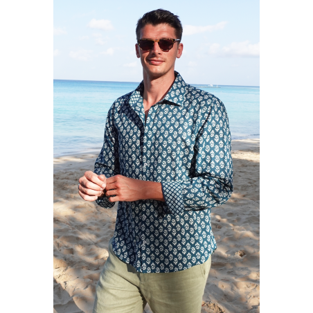 Limited Edition Men's Printed Cotton Shirt | Star Fern Teal/White Limited Stock